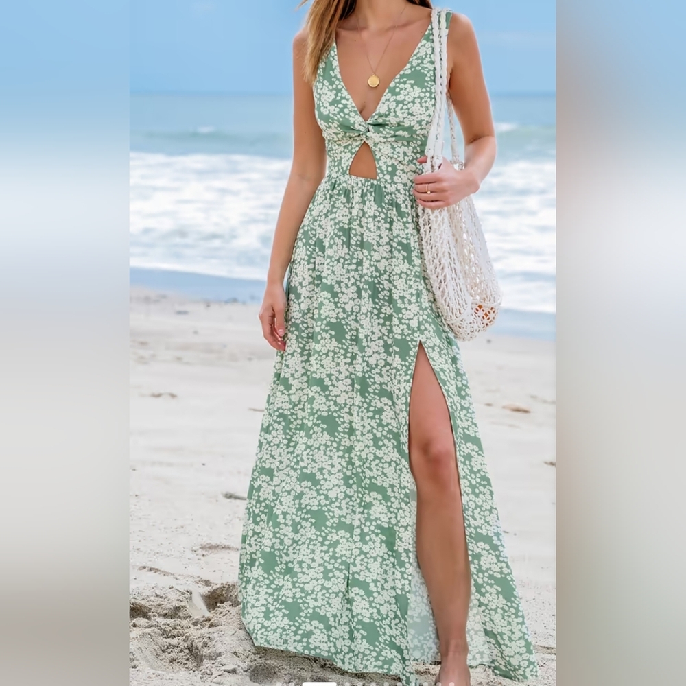 Cupshe Sage Green Floral Knot-Front Maxi Dress with Slit